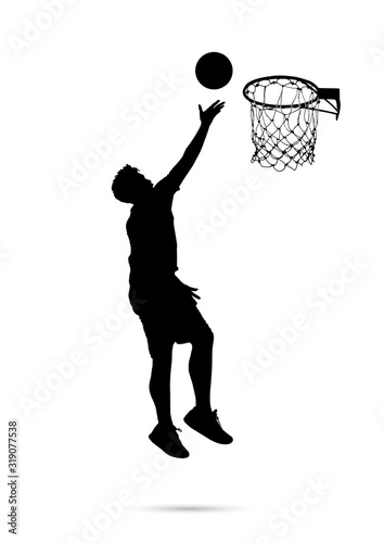 Silhouette of man jumping dunking basketball to basket vector illustration
