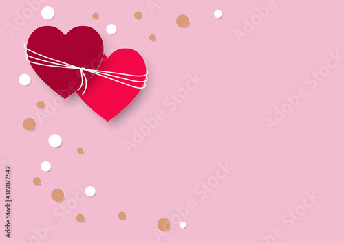 Two red hearts tied up with rope on pink background, paper art valentine background concept vector illustration