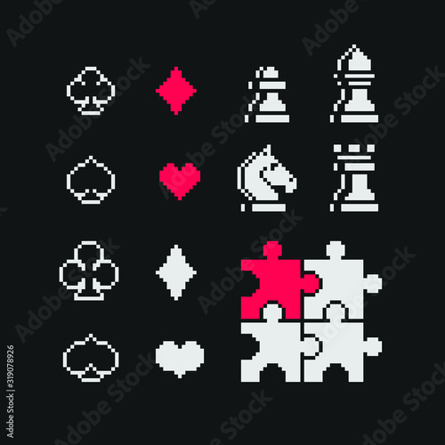 Desk game icons set, playing cards, chess pieces, puzzle, pixel art style design for web, sticker, mobile app, isolated black and white vector illustration. Game assets 1-bit sprite.