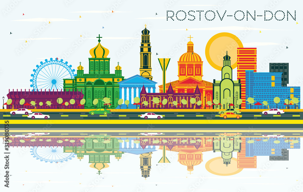 Rostov-on-Don Russia City Skyline with Color Buildings, Blue Sky and Reflections.