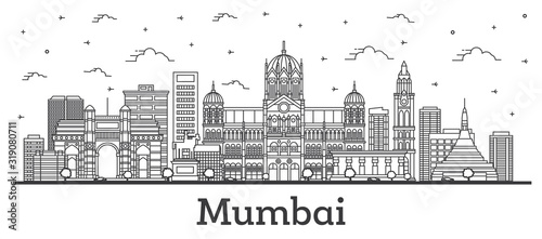 Outline Mumbai India City Skyline with Historic Buildings Isolated on White.
