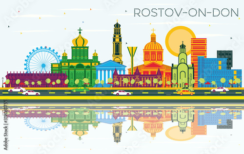 Rostov-on-Don Russia City Skyline with Color Buildings  Blue Sky and Reflections.