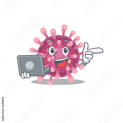 Smart character of corona virus working with laptop