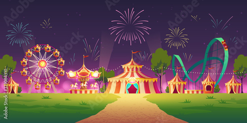 Carnival funfair, amusement park with circus tent, attractions and fireworks in sky. Vector cartoon illustration of night summer landscape with roller coaster, carousel and ferris wheel
