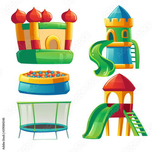 Playroom in kindergarten with slide, ball pool and trampoline. Vector cartoon set of furniture for children room in day care center or playground isolated on white background