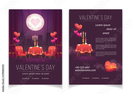 Valentines day flyer, invitation card for romantic dinner for couple. Vector set of cartoon posters, banners with illustration of restaurant interior with flowers, candles and heart shape balloons