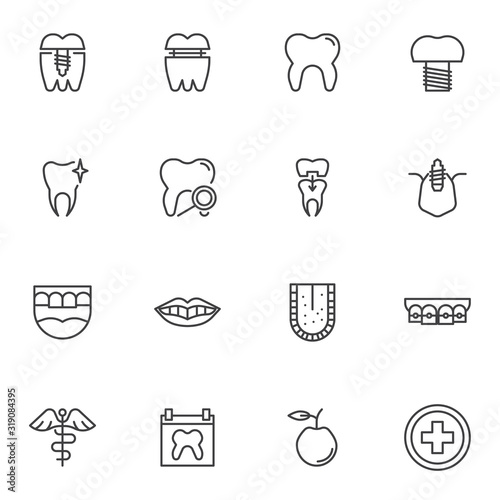 Dentistry orthodontics line icons set. linear style symbols collection, dental health care outline signs pack. vector graphics. Set includes icons as implant tooth, oral hygiene, dental clinic service