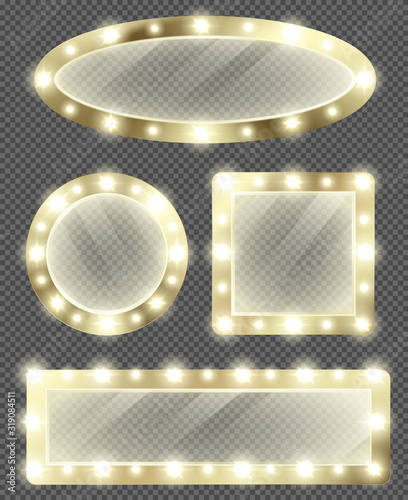 Makeup mirror in gold frame with light bulbs