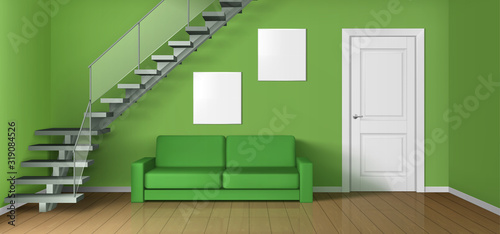 Empty living room with sofa, staircase and white closed door. Vector realistic modern interior of home hallway, office or studio with wooden floor, green walls, couch and blank posters