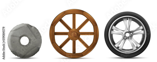 Wheels evolution from primitive stone ring, ancient wooden to modern car tire with disk. History of transport wheels. Vector set of old and new invention isolated on white background photo