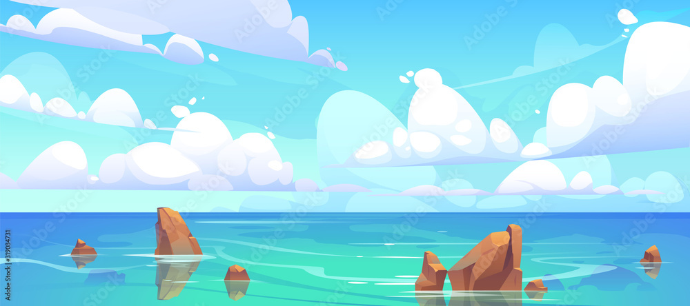 Naklejka premium Krajobraz morski z kamieniami w wodzie i chmurami na niebieskim niebie. Ilustracja kreskówka wektor przybrzeżnego oceanu ze skałami. Pejzaż morski skalistego brzegu na wyspie