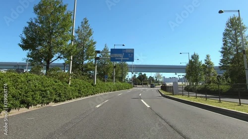 A road surrounded by street trees. Driving image.