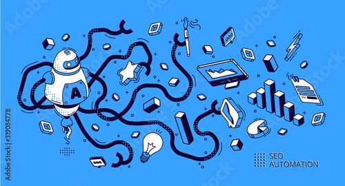 SEO automation isometric banner. Technology for internet marketing and digital business content. Octopus robot with many hands holding office attributes, workflow 3d vector illustration, line art
