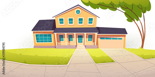 Suburban cottage, residential house with garage. Vector cartoon illustration of village mansion facade. Summer countryside landscape of with private building and tree