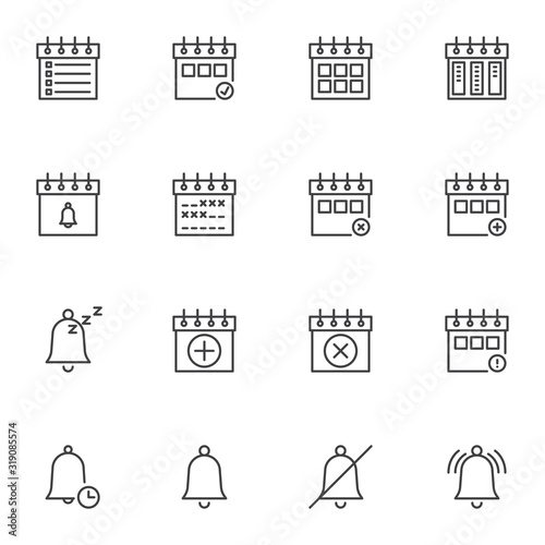 Calendar reminder line icons set. linear style symbols collection, schedule notice outline signs pack. vector graphics. Set includes icons as calendar page, agenda, time management, to do list, bell