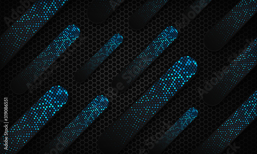 Black abstract background with blue dots element and hexagon texture. Modern luxury futuristic technology design concept.