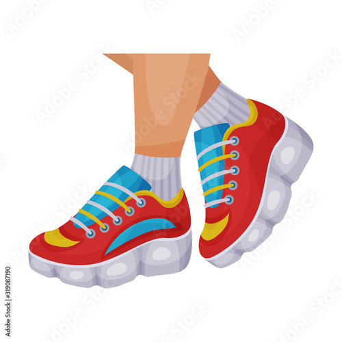 Closeup Bottom View of Legs Wearing Running Shoes with Lace Vector Illustrated Item