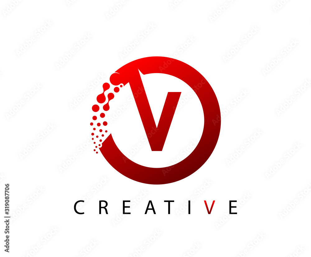 Circle V Letter Digital Network , abstract red V dotted logo design