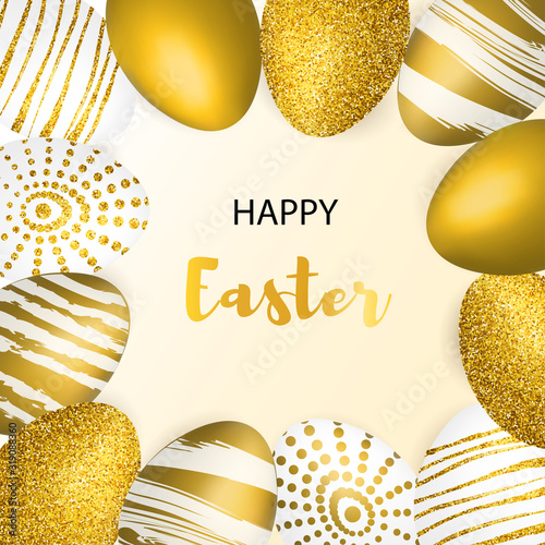 Happy Easter background with realistic golden shine decorated eggs