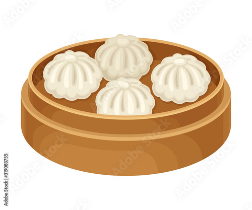 Semi-product Dumplings Served on Wooden Plate Side View Vector Illustration