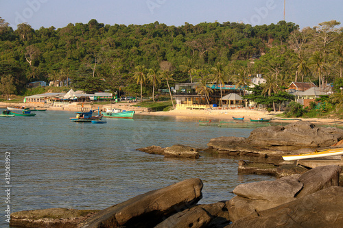 Beautiful and idyllic beach in southeast Asia. Bãi biển Gành Dầu beach with boats in north Phu Quoc, Vietnam. 