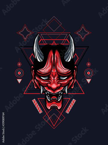 Oni japan mask with horns in sacred gemetry
