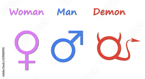 Gender symbols. Humorous depiction of the symbols of a man woman and demon