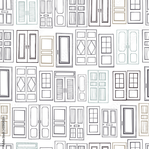  Hand drawn doors. Vector seamless pattern.