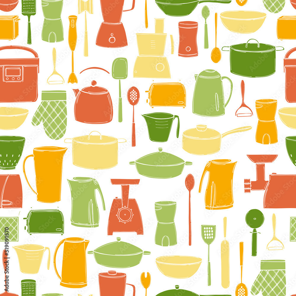 Hand drawn kitchen appliances and utensils for cooking.Vector seamless pattern
