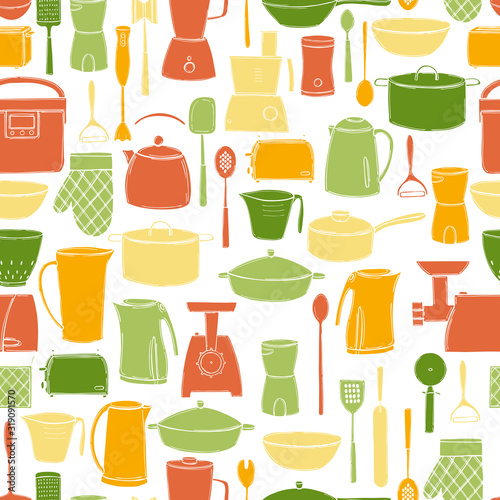 Hand drawn kitchen appliances and utensils for cooking.Vector seamless pattern