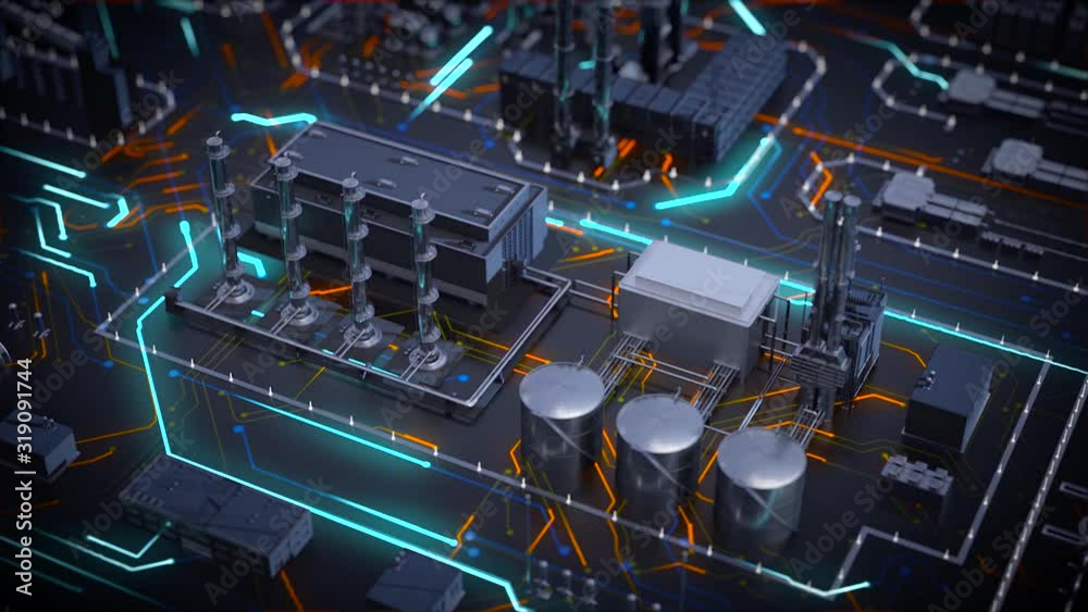 Diorama of refinery plant and electronic circuit board, abstract visual fusion