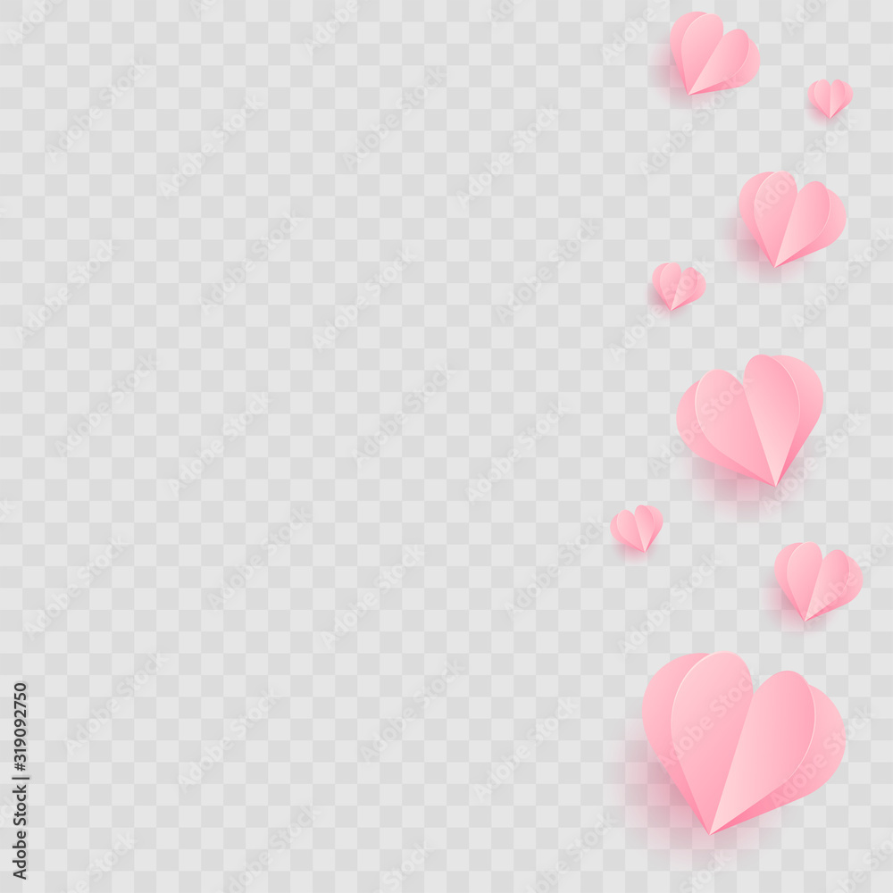 Flying pink origami hearts on transparent background. Vector