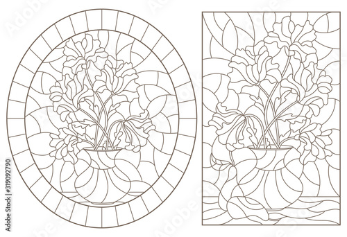 Set of contour illustrations of stained glass Windows with still lifes, poppies and pears, dark outlines on a white background