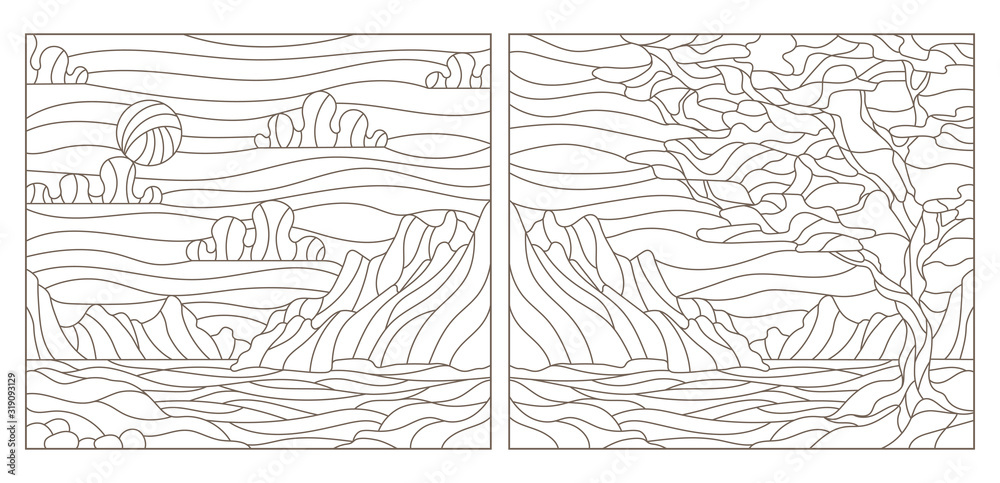Set of contour illustrations of stained glass Windows with landscapes, dark contours on a white background