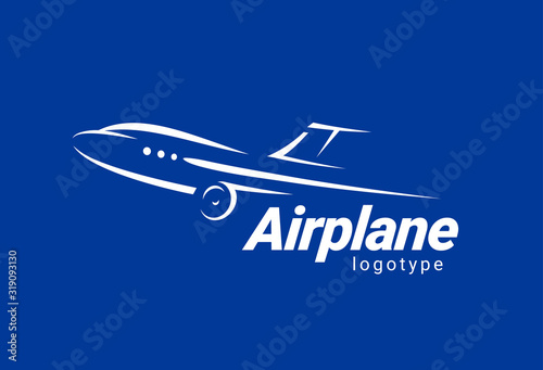 Airplane logo flight plane silhouette white color blue background