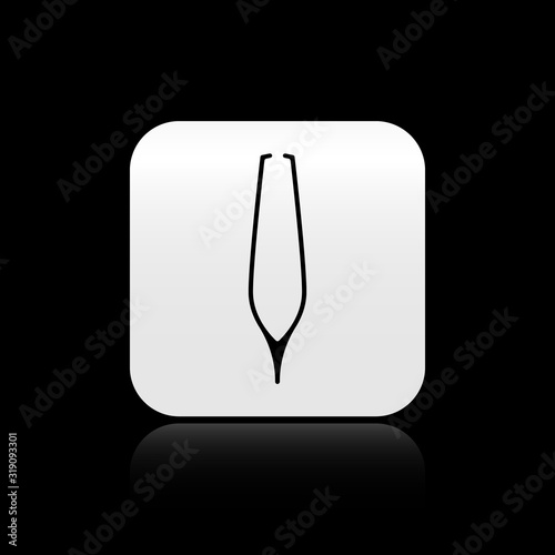 Black Eyebrow tweezers icon isolated on black background. Cosmetic tweezers for ingrown hair. Silver square button. Vector Illustration