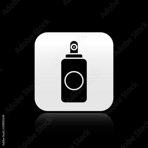 Black Spray can for air freshener, hairspray, deodorant, antiperspirant icon isolated on black background. Silver square button. Vector Illustration