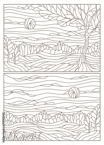 Set of contour illustrations of stained glass Windows with landscapes, dark outlines on a white background, horizontal orientation