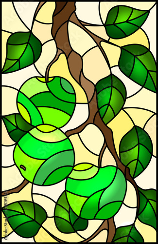 Illustration in the style of a stained glass window with the branches of Apple trees , the fruit branches and leaves on a yellw background