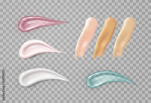 Cream texture stroke set isolated on transparent background. Facial liquid creme, gel or body lotion templates. Vector face cosmetic product smear swatch..