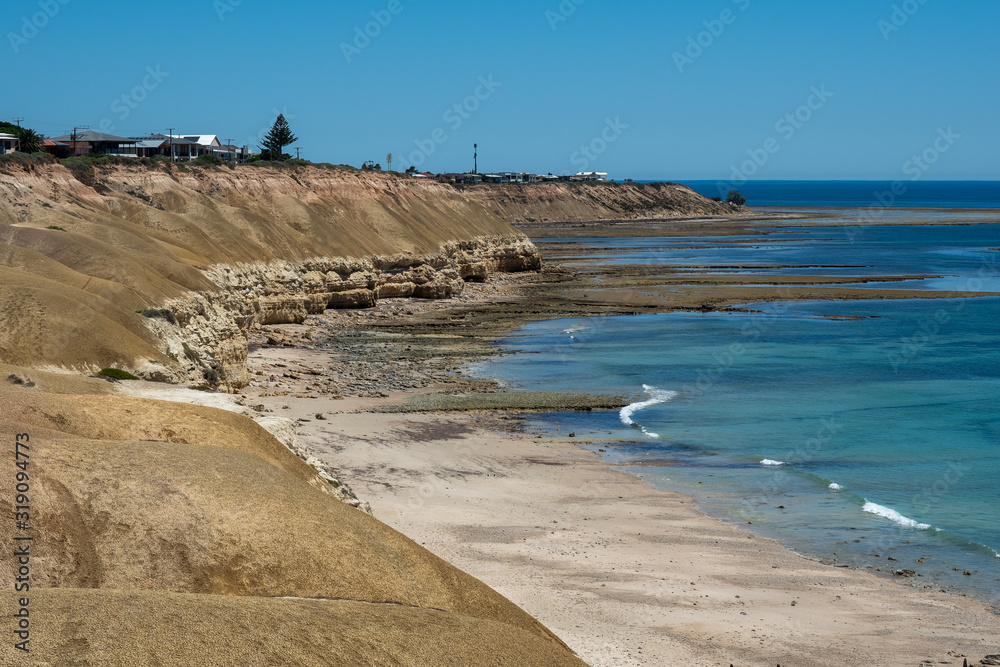 Port Willunga beach with jetty ruins on a bright sunny day in South Australia on January 29th 2020