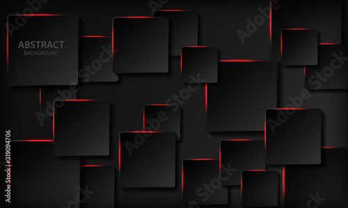 Technology background. Black abstract realistic 3d background with paper square shape. Geometric pattern texture with red light and overlap layer. Modern background.