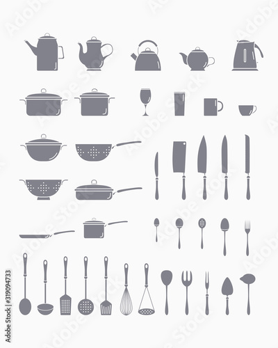 Kitchen dinnerware Icons set - Vector solid silhouettes of knife, plate, spoon, fork, cup, kettle, saucepan, mug and ladle for the site or interface