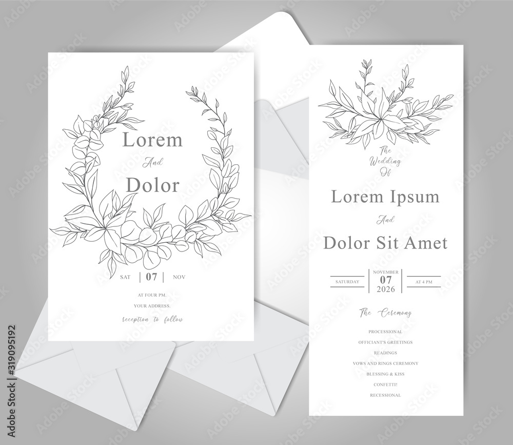 Elegant Hand drawn Wedding invitation cards template with Beautiful Leaves