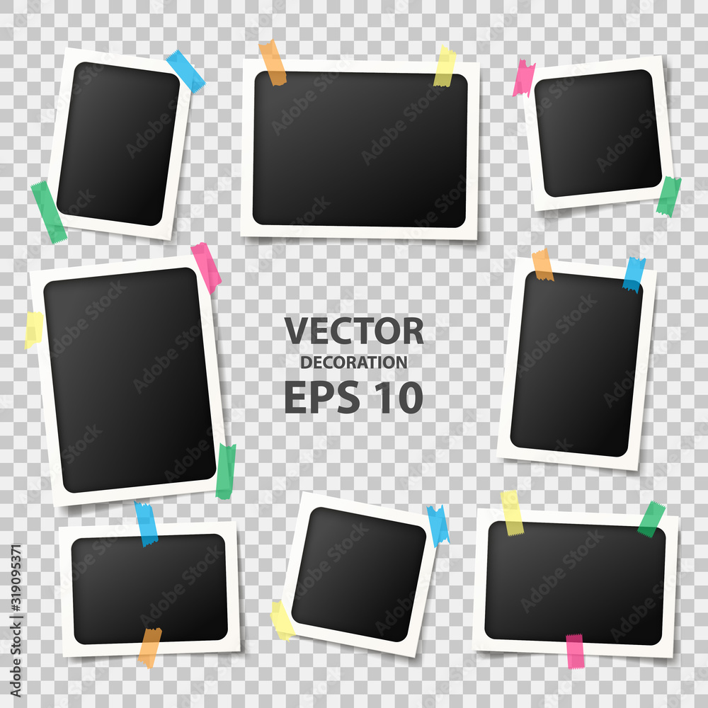 Set of realistic photo frames. Vector illustration with blank photo frames with adhesive tapes. Photorealistic vector mockups on isolated transparent background. - obrazy, fototapety, plakaty 