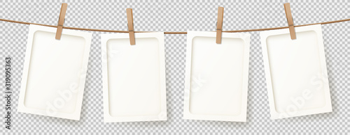 Vector banner with realistic retro photo frames. Vector illustration with blank photo cards hanging on rope. Mockup concept isolated on transparent background.