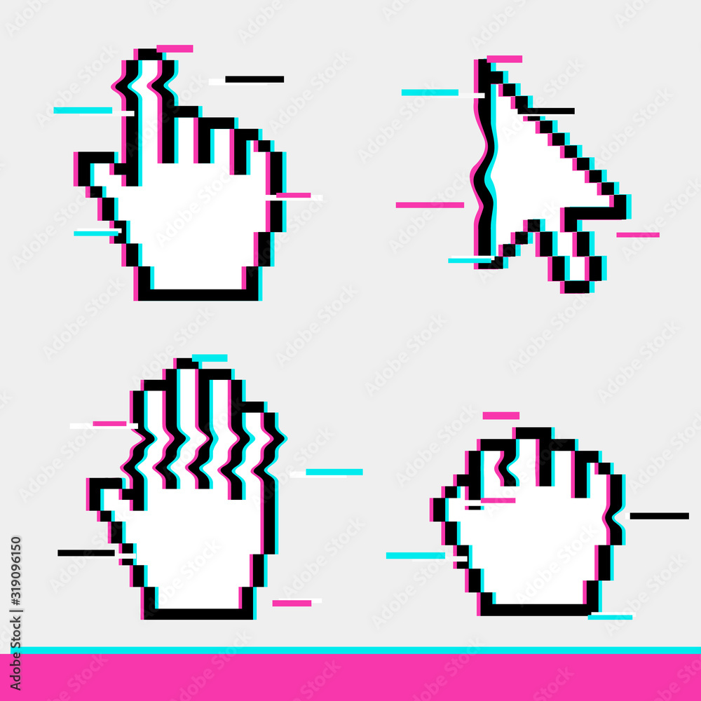 Pixel glitch mouse hand and arrow cursor icon sign set flat style design vector illustration isolated on white background Pixel glitch mouse hand and arrow cursor icon sign set flat style design vector illustration isolated on white background
