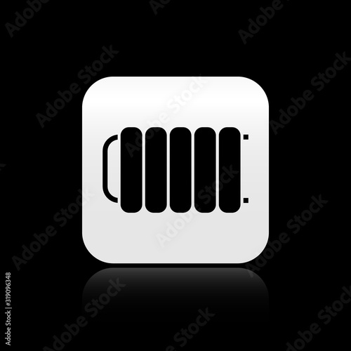 Black Heating radiator icon isolated on black background. Silver square button. Vector Illustration