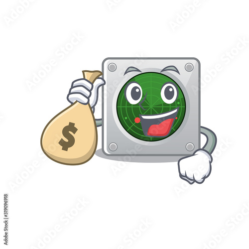 Happy rich radar cartoon character with money bag
