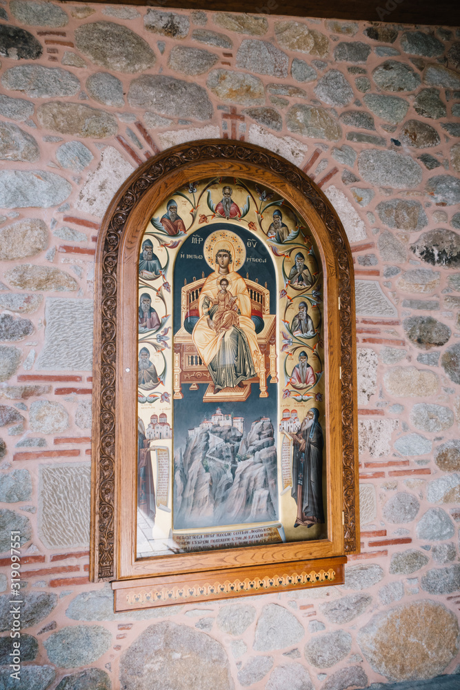 Meteora, Greece - Dec 19, 2019: Interior of Monastery of Varlaam, Meteora, Greece